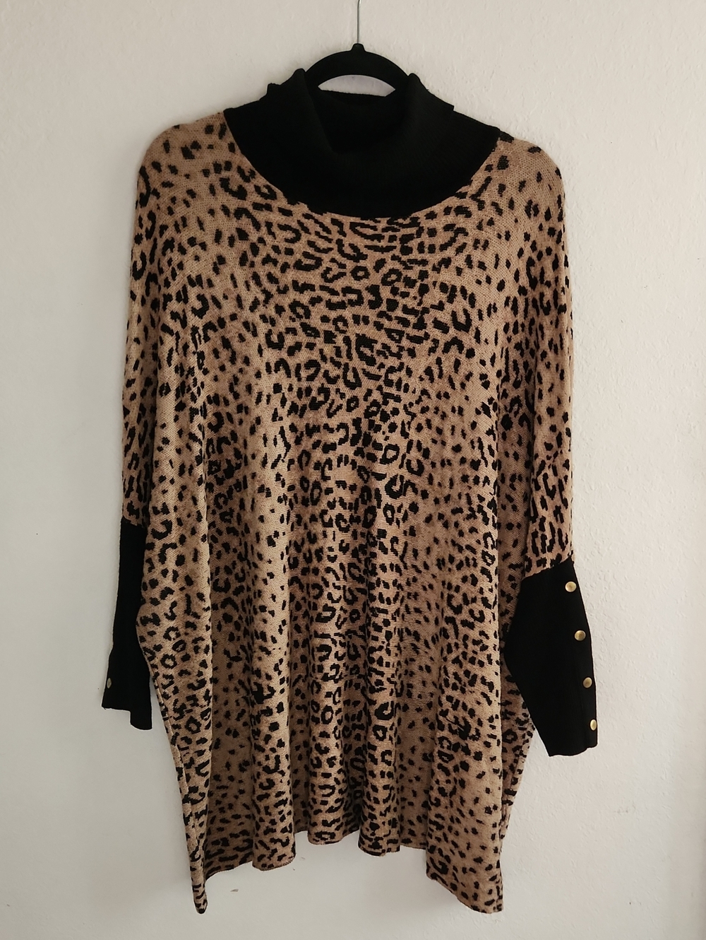 Leopard Print Turtleneck Poncho Sweater Gold Button Cuffs XL